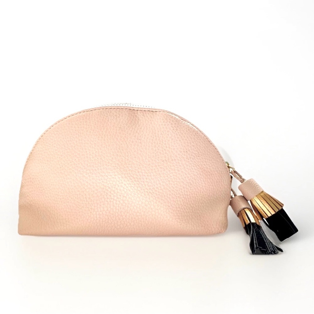 Anthropologie Dome Cosmetic Pouch Blush Pink Pebbled Vegan Leather Large Tassels - Picture 2 of 11